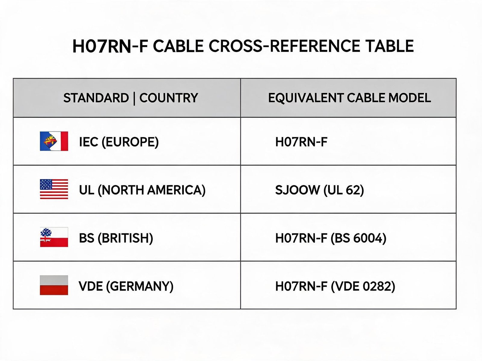 H07RN-F cable equivalent model cross-reference table for IEC UL BS VDE international standards with country flags