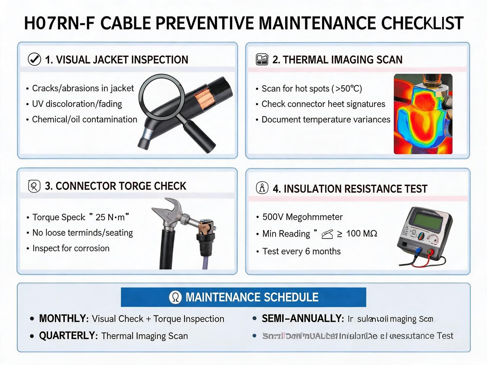 H07RN-F cable preventive maintenance checklist showing inspection points and testing schedule