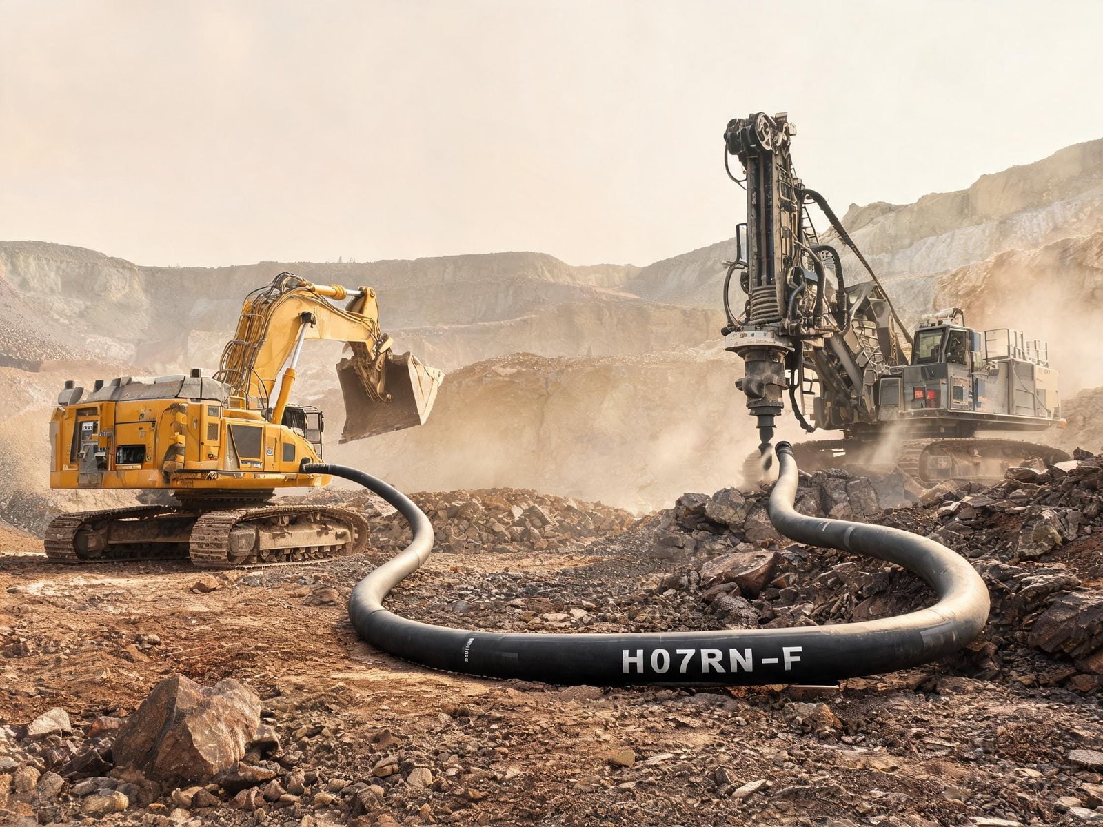 H07RN-F flexible rubber cable powering heavy mining excavator in open pit mine with dust environment
