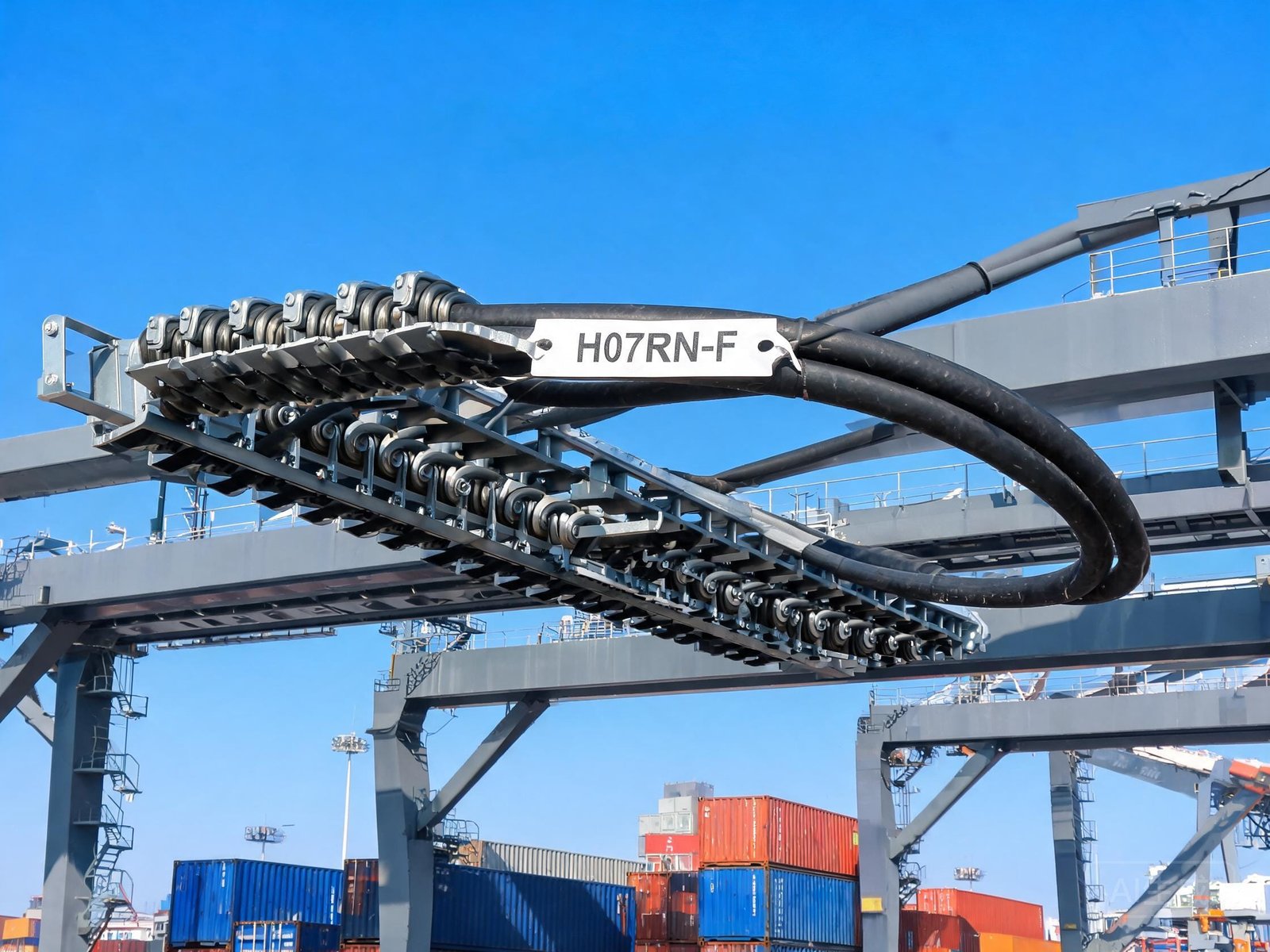 H07RN-F cable running on festoon track system for container terminal gantry crane with cable management rollers