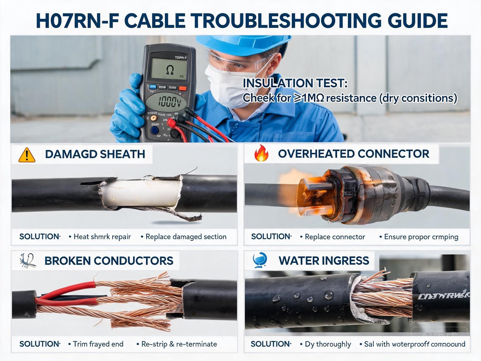H07RN-F cable troubleshooting guide showing insulation resistance testing with multimeter and common failure diagnosis