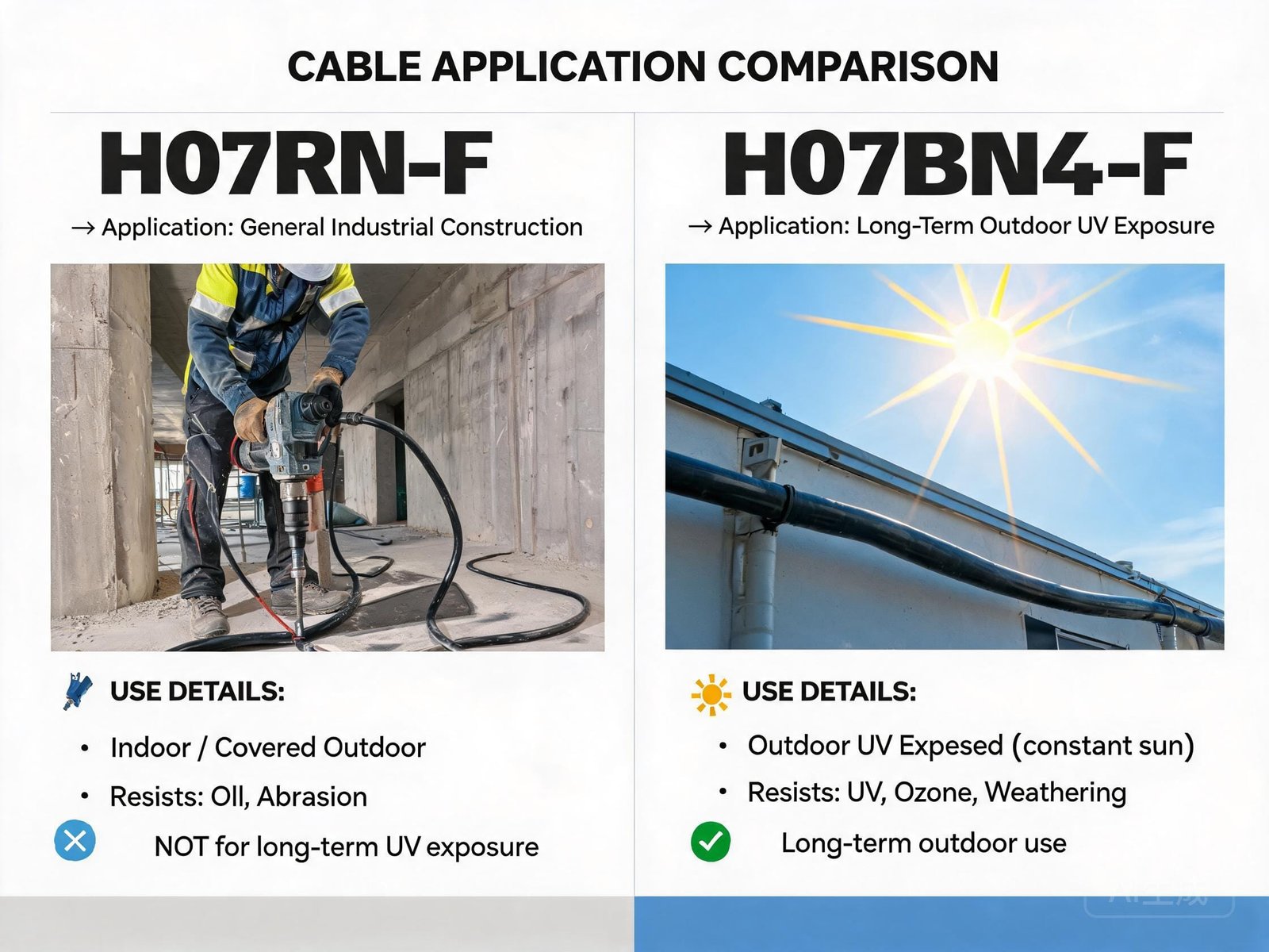H07RN-F and H07BN4-F cable application scenario comparison for industrial and outdoor UV-exposed environments