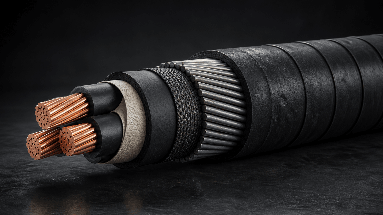 Heavy-duty mining cable cutaway with robust protective layers