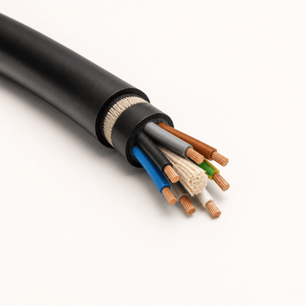 Heavy-Duty PUR Reeling Cable for Motorized Reels Heavy-duty PUR reeling cable with reinforced black sheath and exposed flexible copper cores for motorized reels