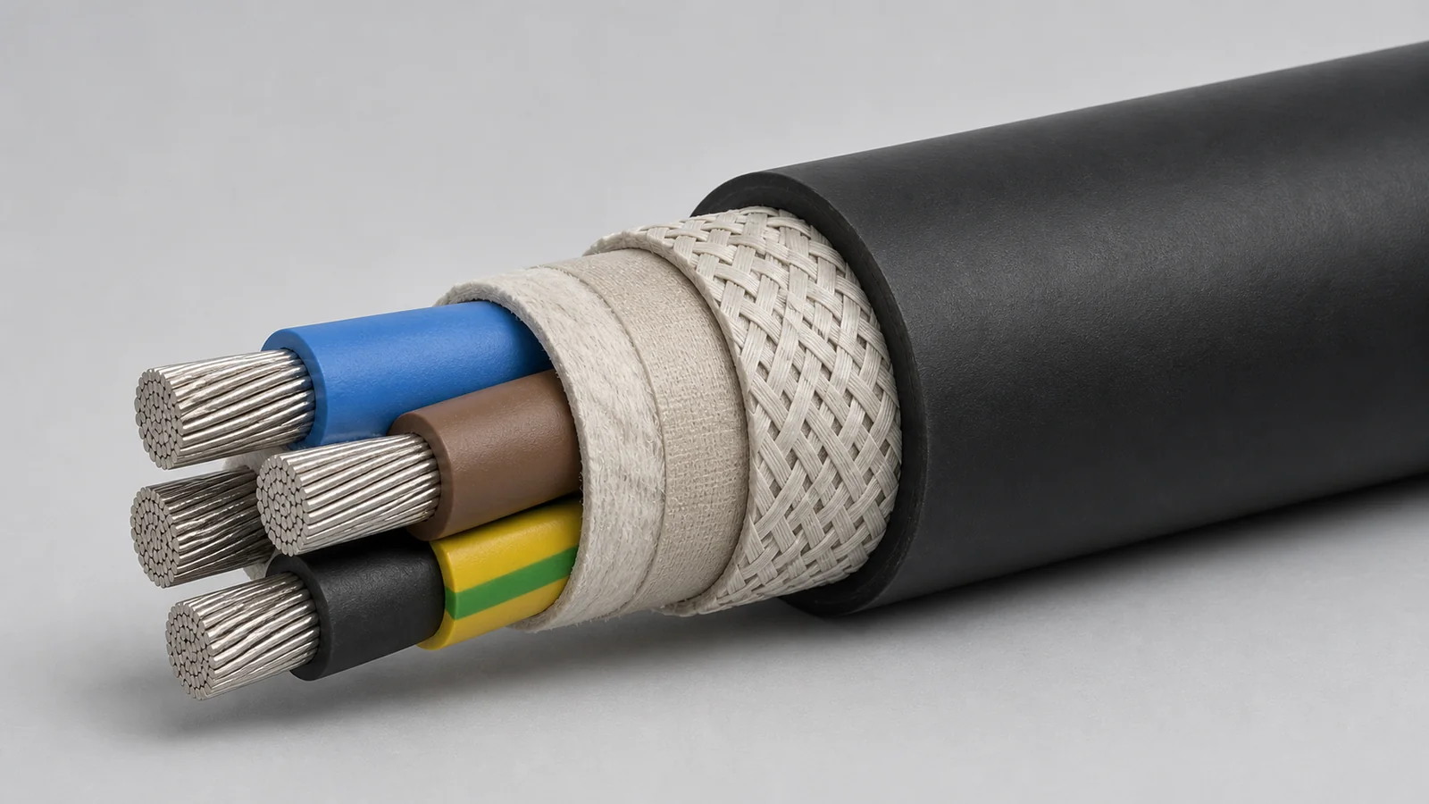 Heavy-duty rubber cable construction cutaway showing insulation layers