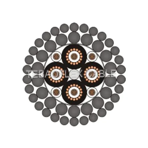 Hybrid coaxial armoured cable cross-section with multiple coaxial cores and galvanized steel armour
