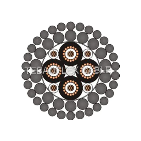 Hybrid coaxial armoured cable cross-section with multiple coaxial cores and galvanized steel armour
