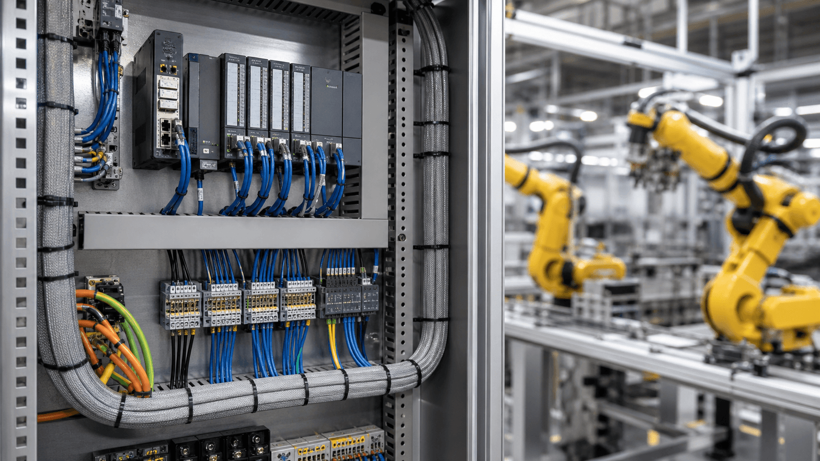 Shielded control cables routed inside an industrial automation panel