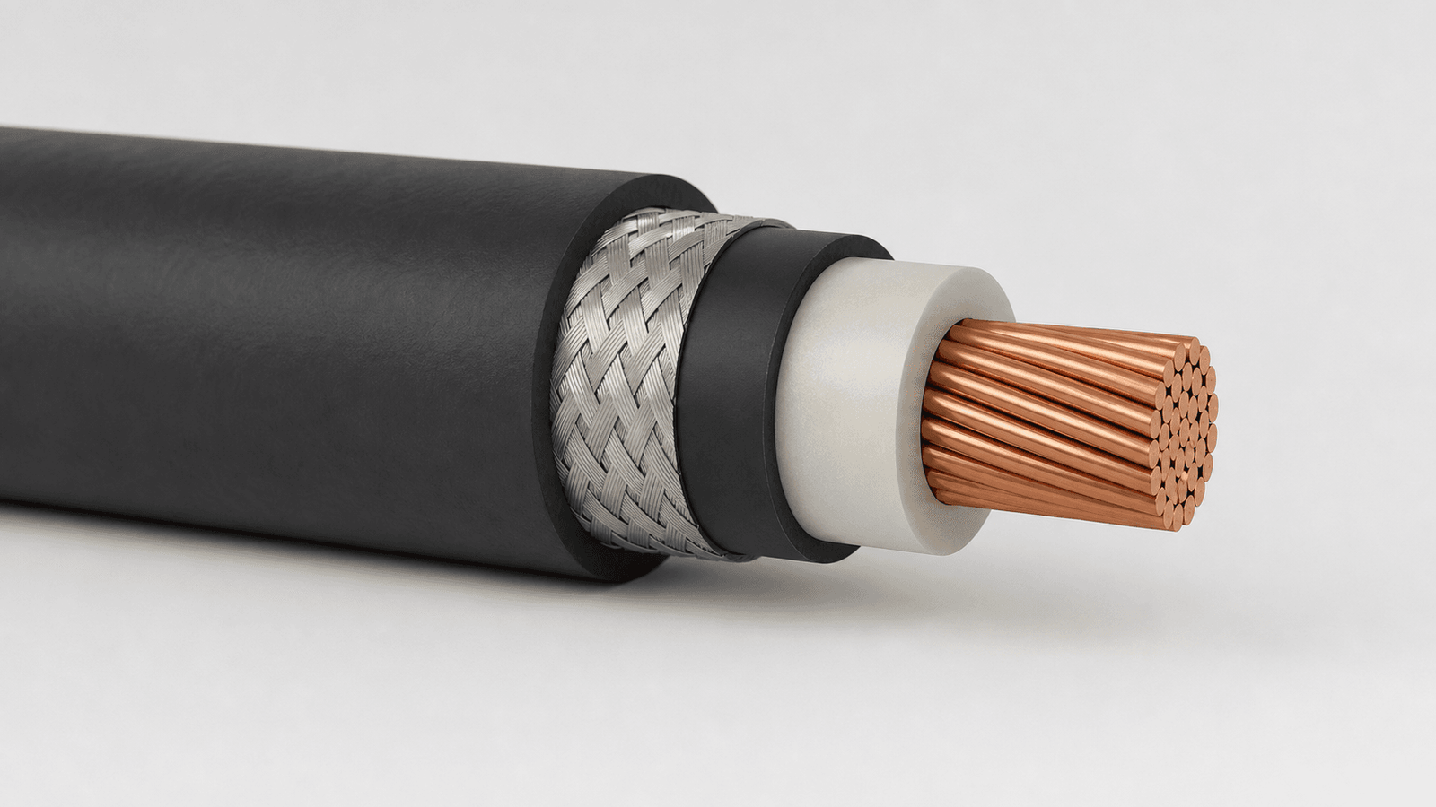 Industrial cable cutaway with intact insulation and copper conductor