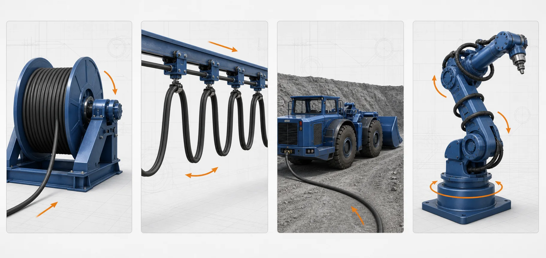Industrial cable movement modes for reeling, festoon, trailing and torsional applications