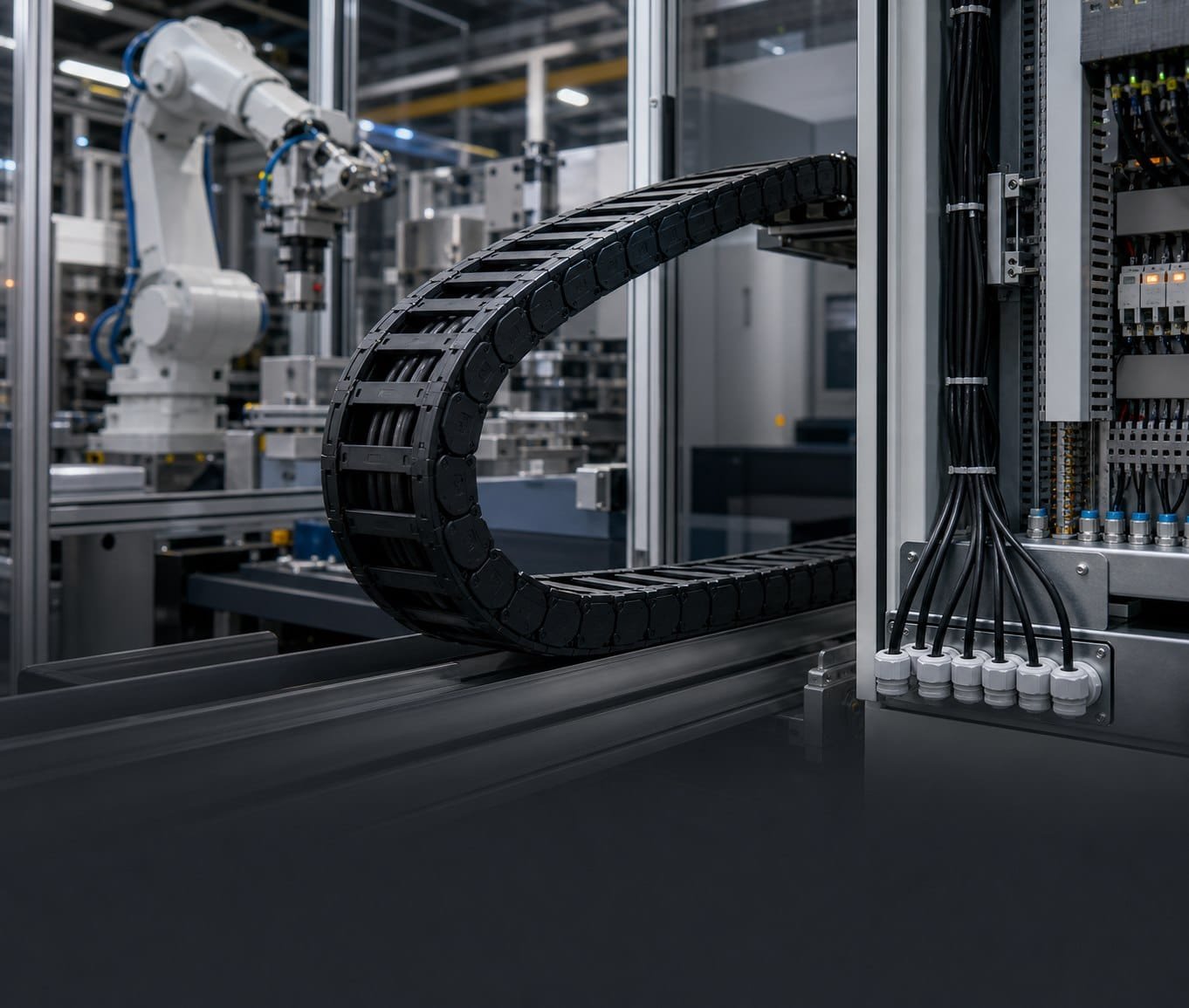 Industrial control cables routed through a drag chain in an automated manufacturing cell