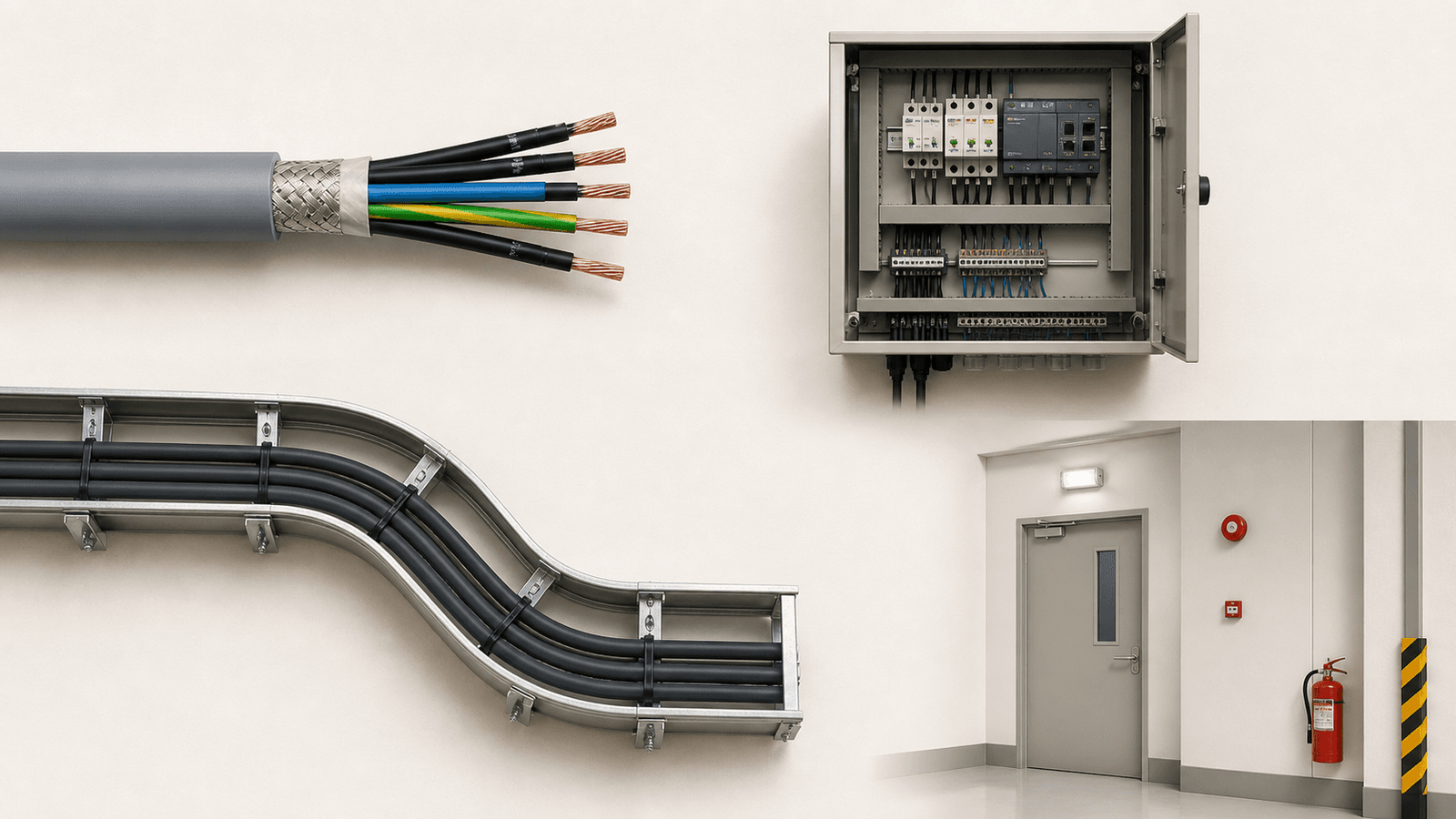 Industrial control cable installation in automation control cabinet showing BUFLEX-M PUR cable routing and cable tray management