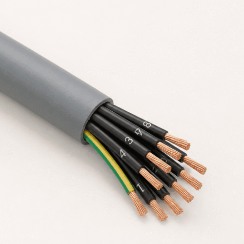 JZ-500 PVC control cable with grey jacket, numbered black cores and green-yellow earth core