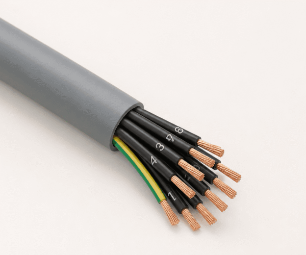 JZ-500 PVC control cable with grey jacket, numbered black cores and green-yellow earth core
