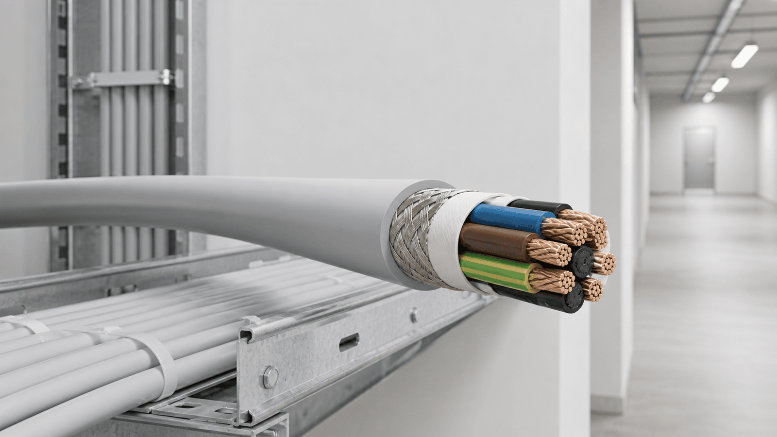 Grey LSZH screened flexible control cable cutaway in an indoor cable tray installation