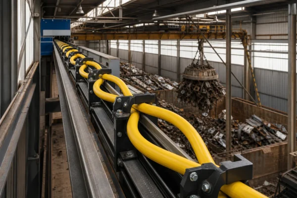 magnet-crane-cable-scrapyard-application Illustration of a heavy-duty magnet crane cable installed on a crane cable track in a scrapyard