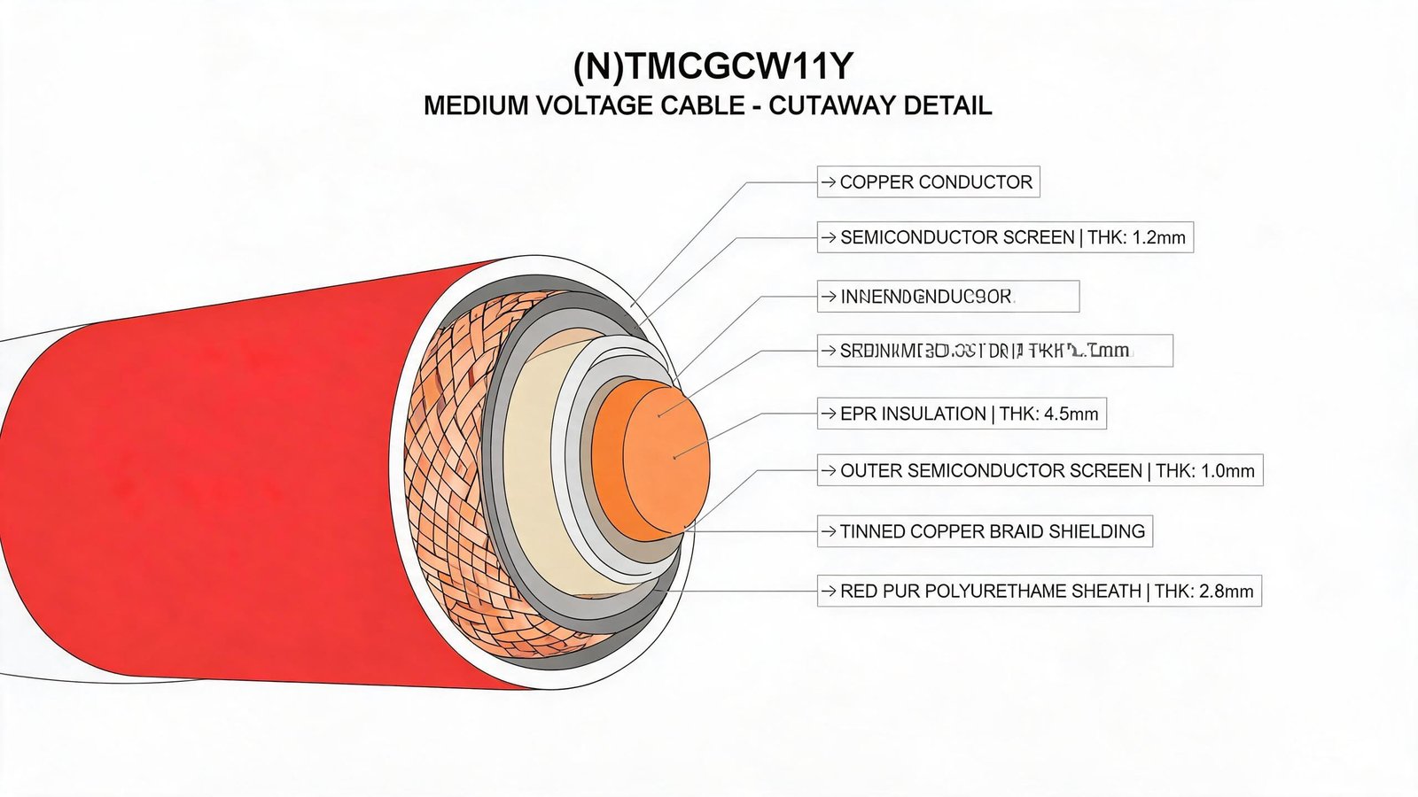 (N)TMCGCW11Y medium voltage cable construction detail showing EPR insulation semiconductor screen tinned copper braid shield and red PUR polyurethane sheath with thickness measurements