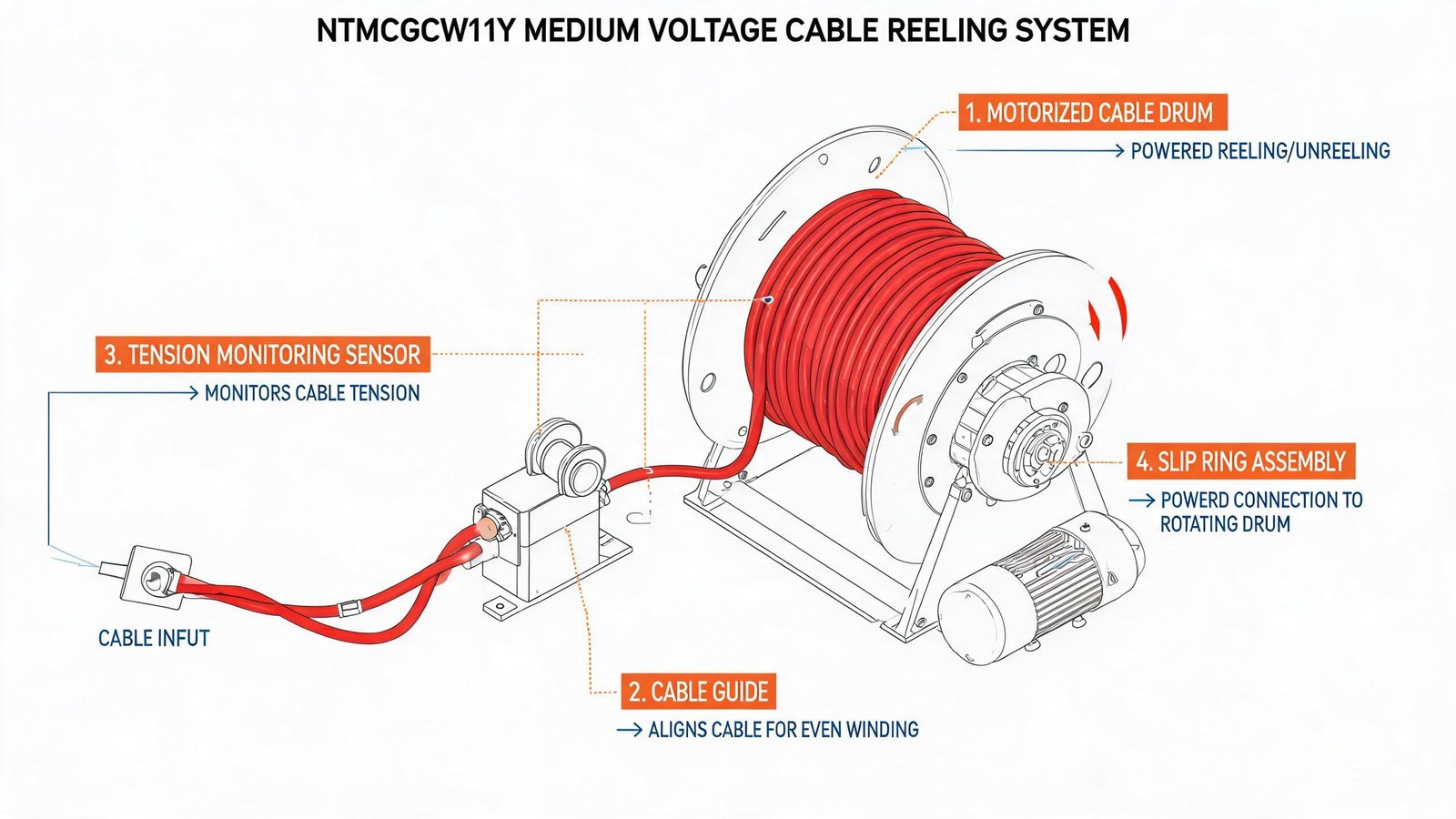 (N)TMCGCW11Y medium voltage cable drum reeling system installation showing motorized drum cable guide tension monitoring and slip ring assembly with red PUR cable