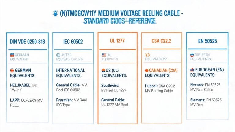 (N)TMCGCW11Y medium voltage reeling cable international standards cross-reference showing DIN VDE IEC UL CSA equivalent cable types