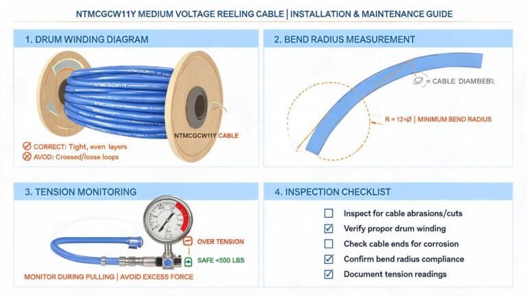 (N)TMCGCW11Y PUR reeling cable installation maintenance guide showing drum winding bend radius tension monitoring and inspection checklist