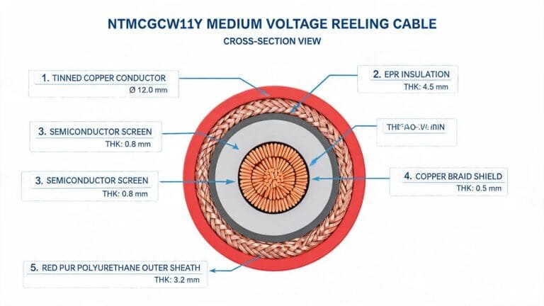(N)TMCGCW11Y medium voltage PUR reeling cable construction cross-section showing tinned copper conductor EPR insulation copper braid shield and red polyurethane outer sheath layers