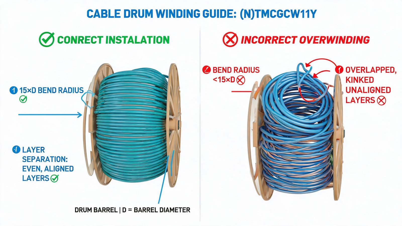 (N)TMCGCW11Y cable drum winding installation guide showing correct 15x diameter bend radius layer separation and drum barrel dimensions with correct and incorrect winding patterns