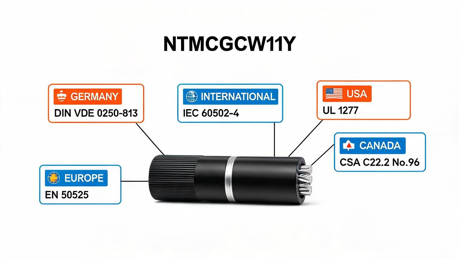 (N)TMCGCW11Y medium voltage reeling cable international standards compliance map showing DIN VDE 0250-813 IEC 60502-4 UL 1277 CSA C22.2 and EN 50525 certifications