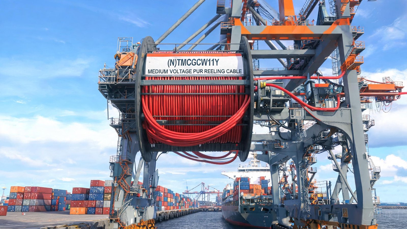 (N)TMCGCW11Y PUR medium voltage reeling cable on motorized drum powering ship-to-shore port container crane at modern terminal