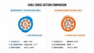 (N)TMCGCW11Y PUR cable versus standard rubber reeling cable comparison showing sheath material flexibility and oil resistance differences