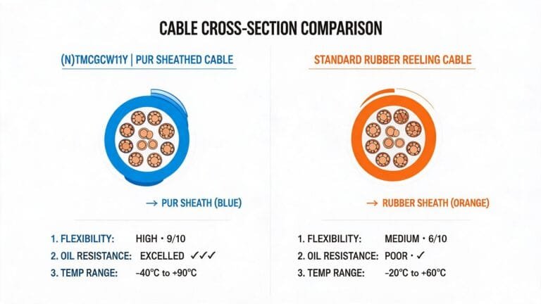 (N)TMCGCW11Y PUR cable versus standard rubber reeling cable comparison showing sheath material flexibility and oil resistance differences