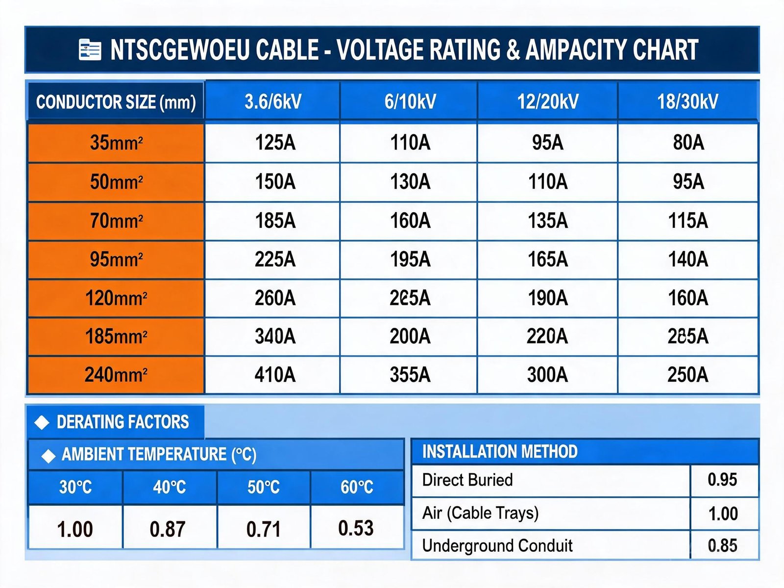 (N)TSCGEWOEU cable ampacity and current rating chart by conductor size at 3.6/6kV 6/10kV 12/20kV and 18/30kV voltage levels