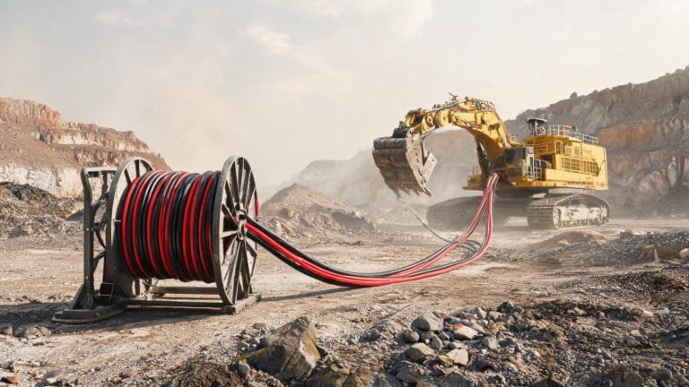 (N)TSCGEWOEU cable applications in open pit mining showing excavator with MV reeling cable on drum