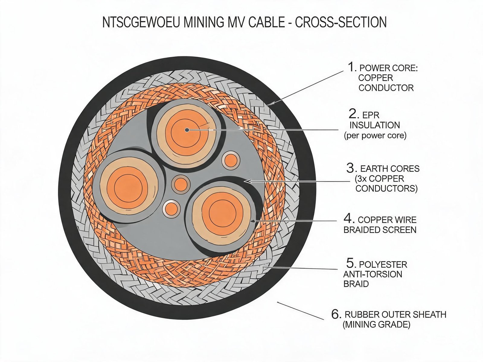 (N)TSCGEWOEU cable construction cross-section showing 3 power cores 3 earth cores EPR insulation copper screen polyester braid and rubber sheath