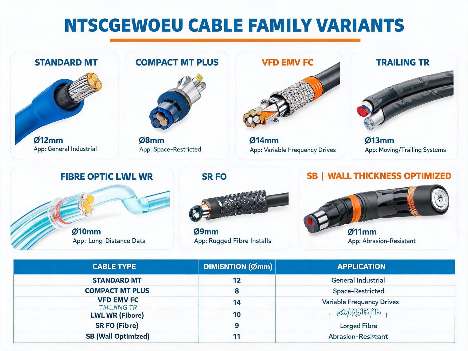 (N)TSCGEWOEU cable family variants comparison showing MT MT PLUS EMV FC TR LWL WR SR FO and SB versions