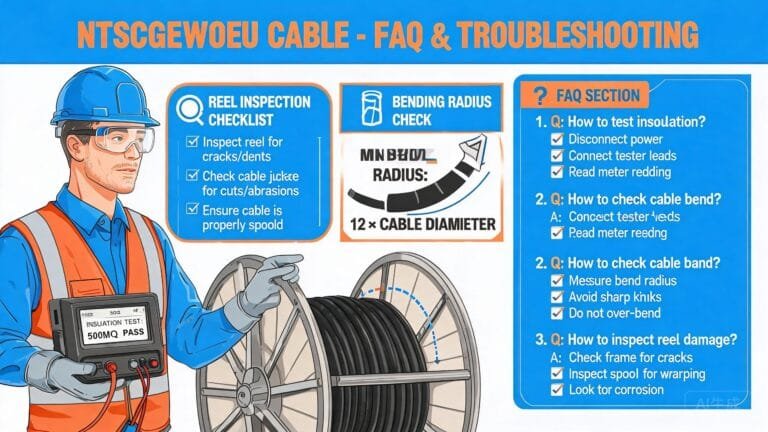 (N)TSCGEWOEU cable FAQ and troubleshooting guide showing mining cable maintenance inspection