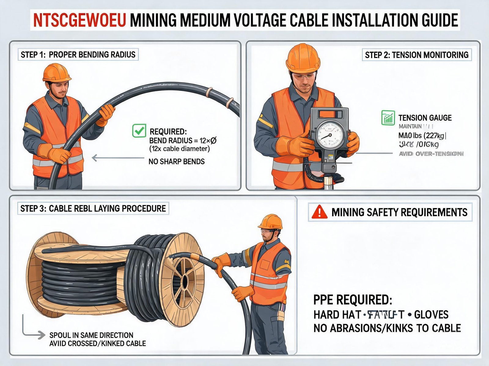 (N)TSCGEWOEU cable installation guide showing proper bending radius tension monitoring and cable laying on drum