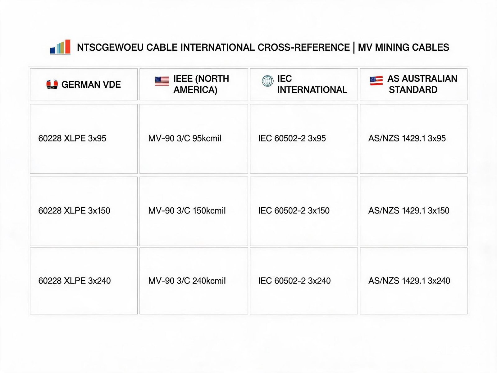 (N)TSCGEWOEU cable international equivalent cross-reference table for VDE IEEE IEC and AS mining cable standards
