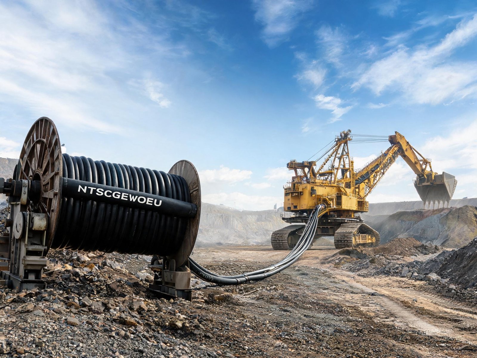 (N)TSCGEWOEU medium voltage trailing cable powering mining excavator in open pit mine