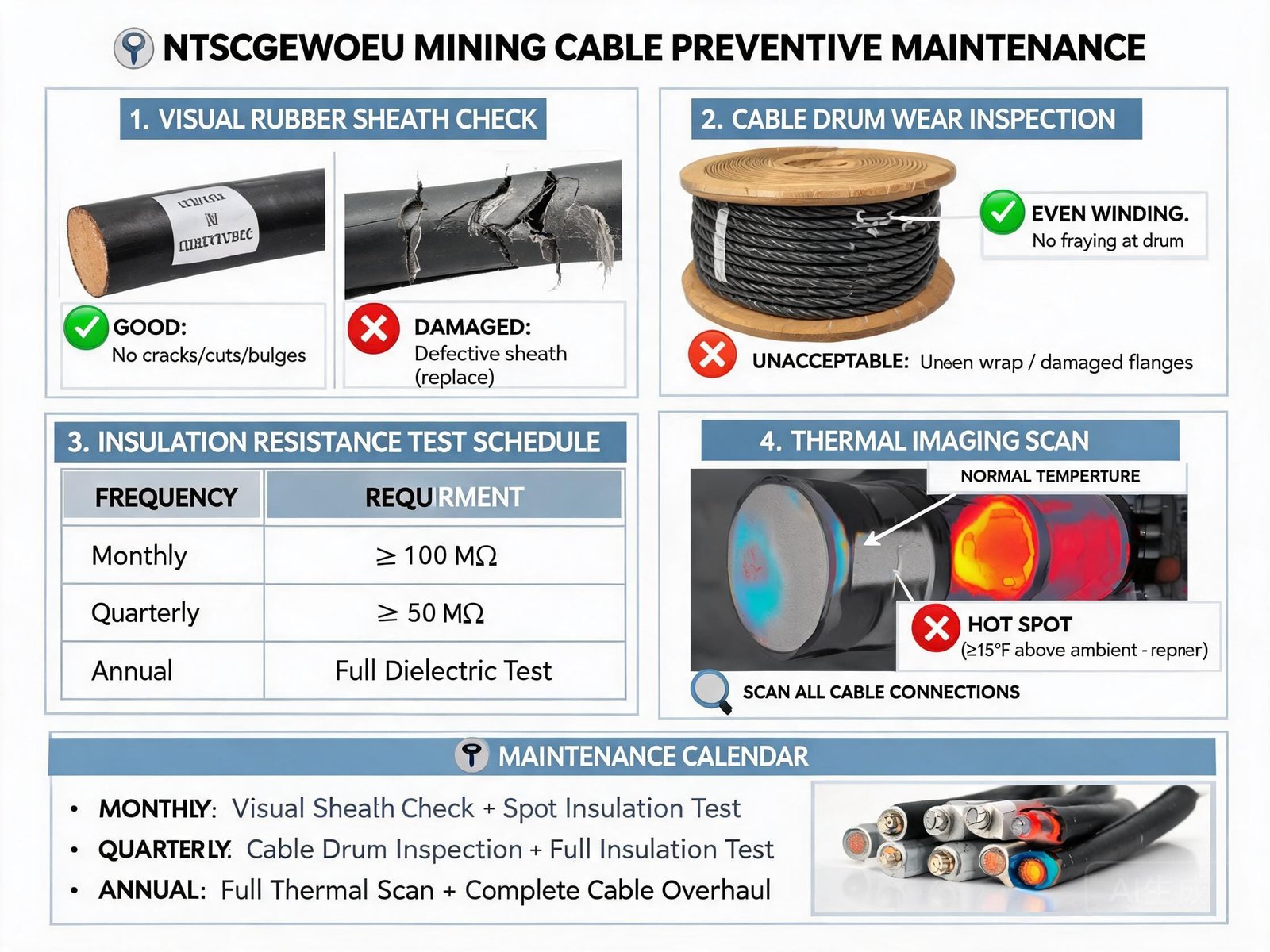 (N)TSCGEWOEU cable preventive maintenance checklist with inspection points and testing schedule for mining cables
