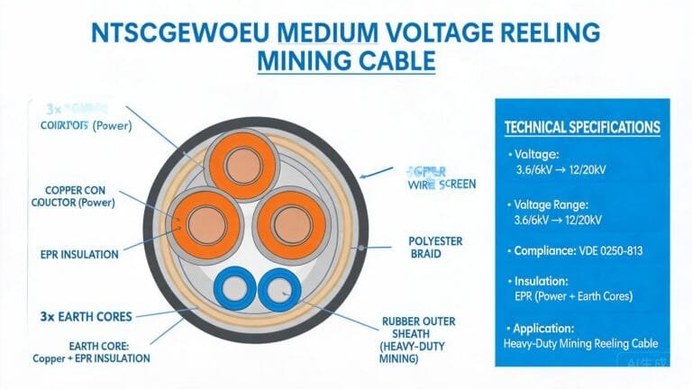 (N)TSCGEWOEU medium voltage reeling cable specifications and technical datasheet showing construction cross-section