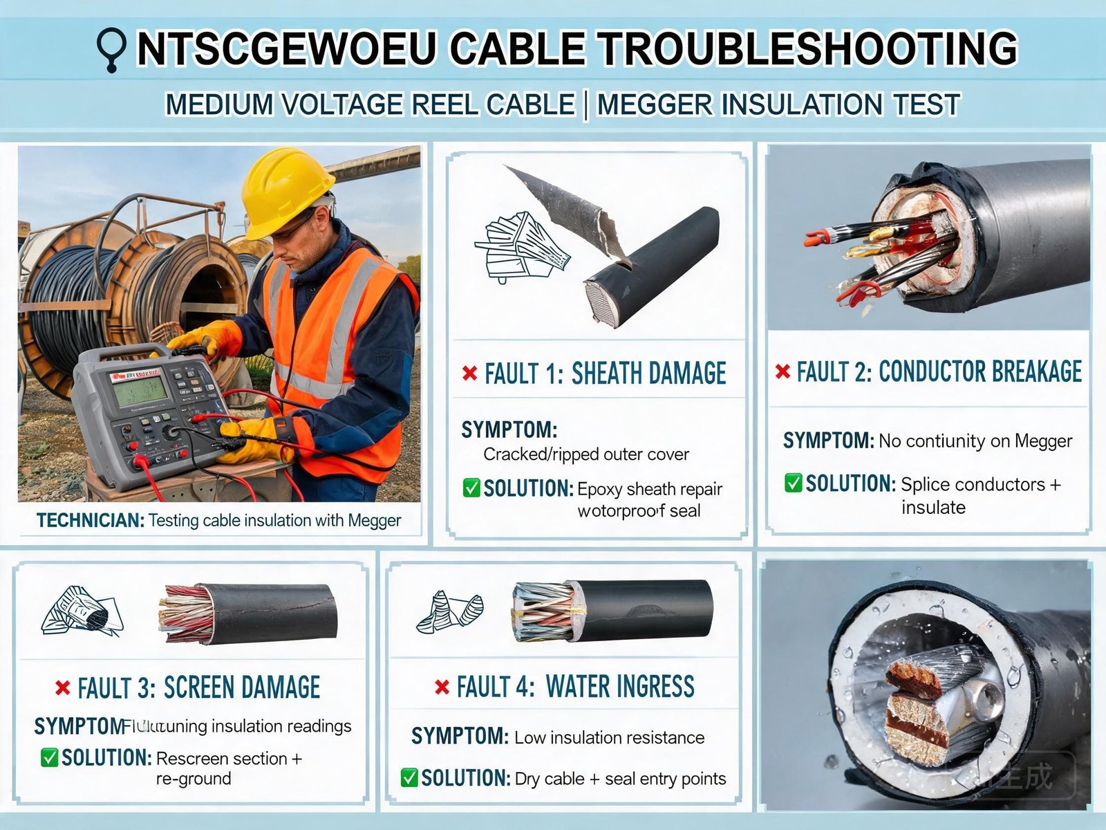 (N)TSCGEWOEU cable troubleshooting guide showing insulation resistance testing and common MV cable failure diagnosis