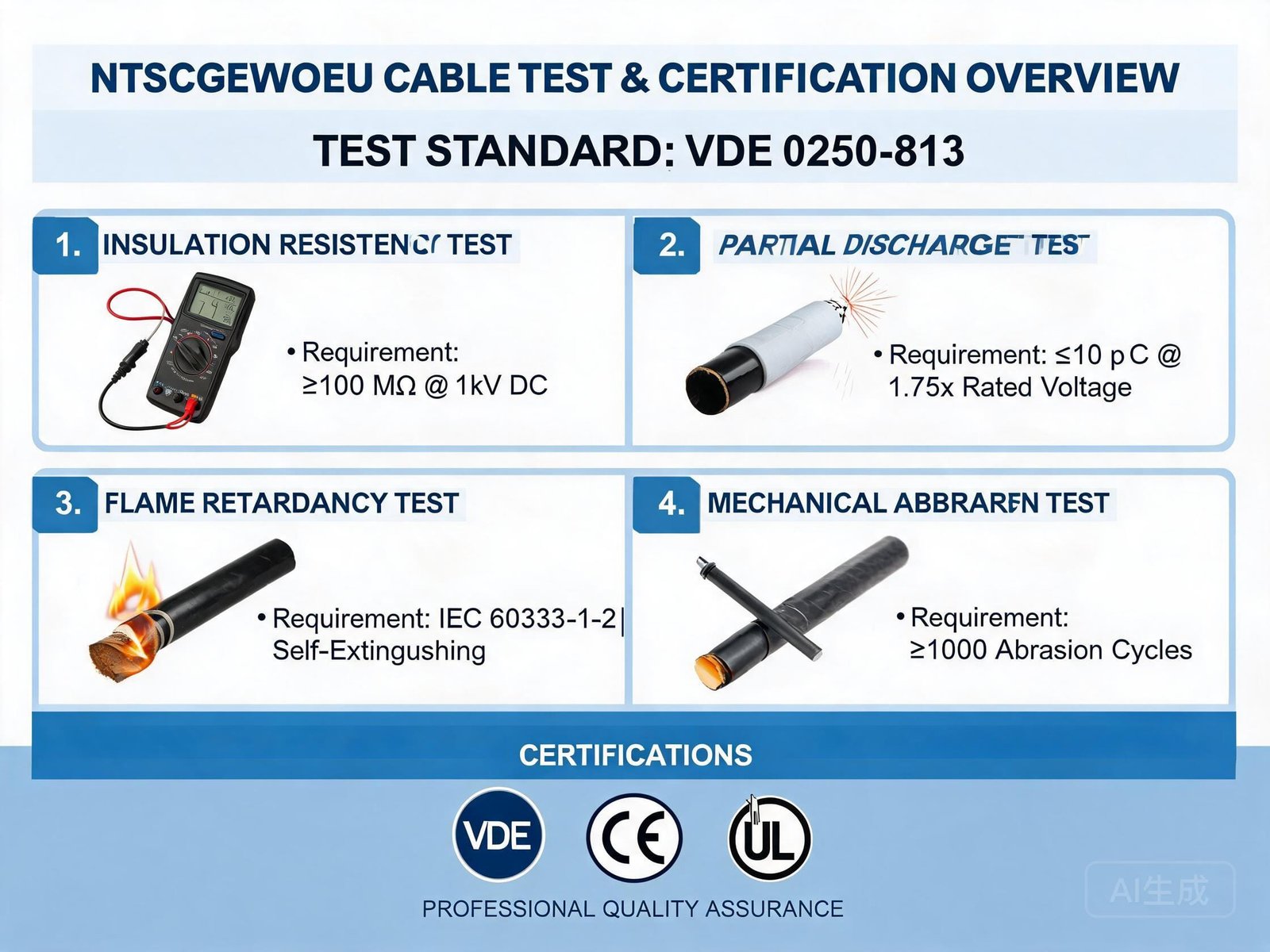 (N)TSCGEWOEU cable VDE 0250-813 type test and certification overview showing insulation resistance partial discharge and flame retardancy tests