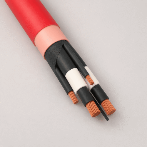 (N)TSCGEWOEU SB 6/10kV Mining Cable (N)TSCGEWOEU SB 6/10kV medium-voltage trailing mining cable with red rubber sheath and exposed copper conductors