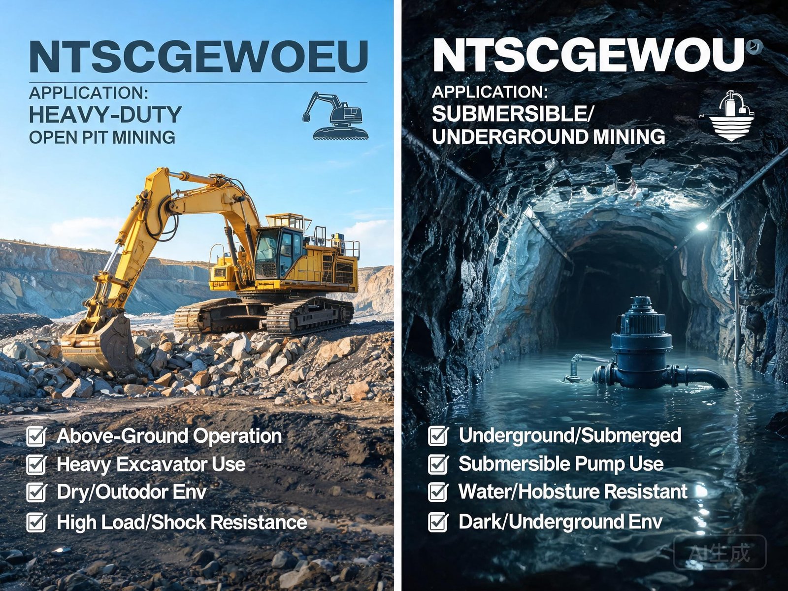 (N)TSCGEWOEU vs (N)TSCGEWOU cable application scenario comparison for open pit mining and submersible operations