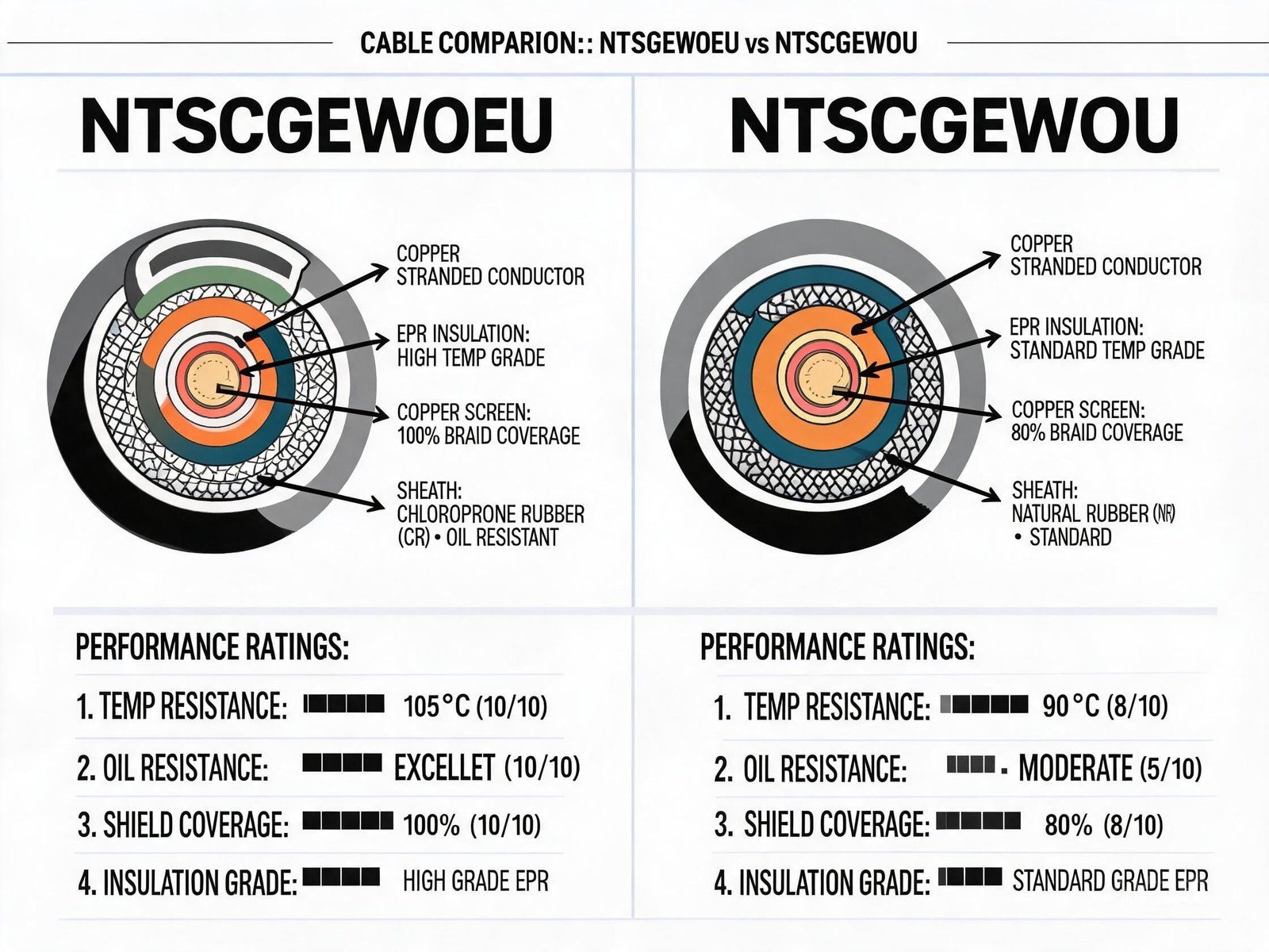 (N)TSCGEWOEU vs (N)TSCGEWOU cable material properties comparison showing rubber compound and construction differences