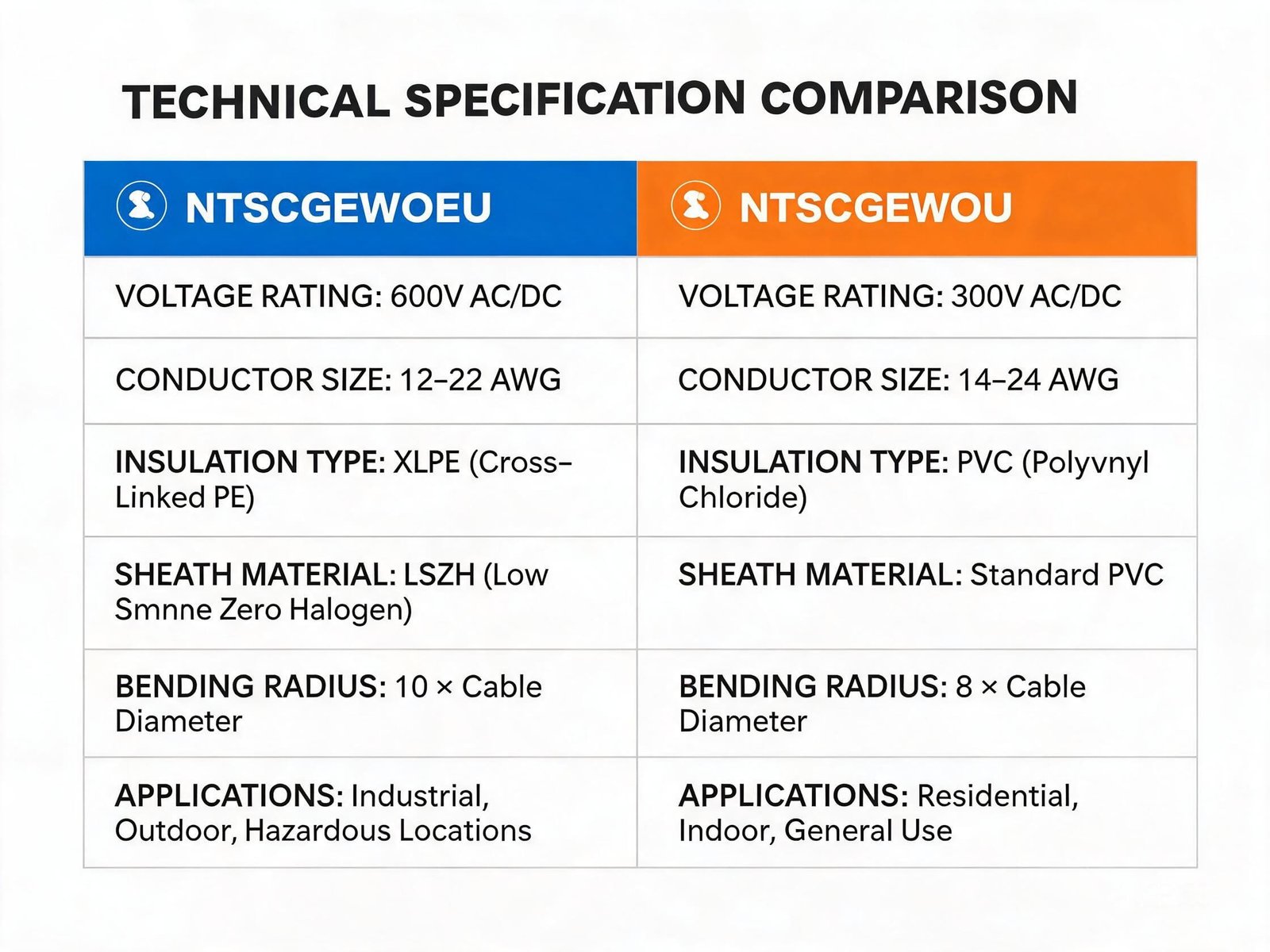 (N)TSCGEWOEU vs (N)TSCGEWOU technical specification comparison table showing voltage rating conductor size and insulation differences