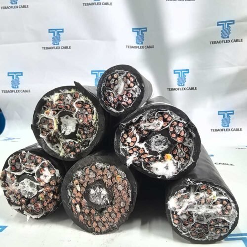 TEBAOFLEX 0.6/1kV Port Crane Spreader Basket Cable Cross-Sections TEBAOFLEX 0.6/1 kV port crane spreader basket cable cross-sections showing central high-modulus aramid tensile cores, bundle-stranded Class 5/6 bare copper EPR conductors, non-woven separation wraps, and heavy-duty black PCP/PUR outer sheaths