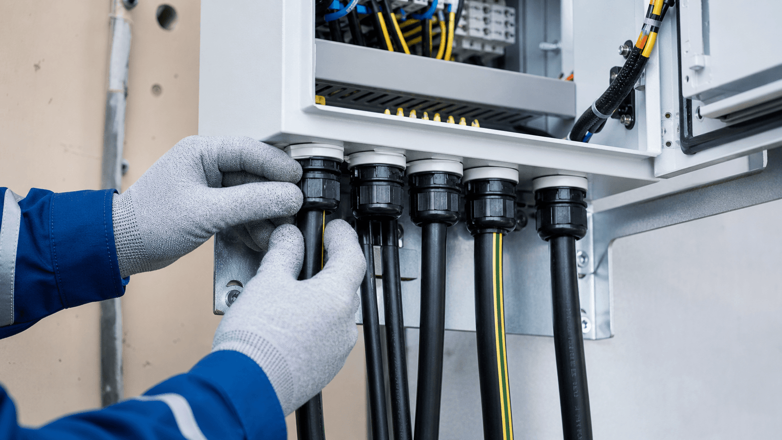 Technician inspecting industrial cable glands in a control enclosure