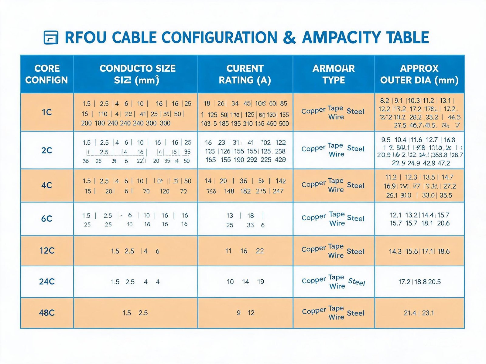 RFOU cable configurations and ampacity table showing core count conductor size and current rating for offshore applications