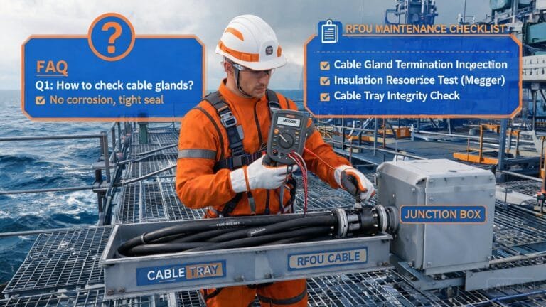 RFOU cable FAQ and troubleshooting guide showing offshore platform cable maintenance and inspection